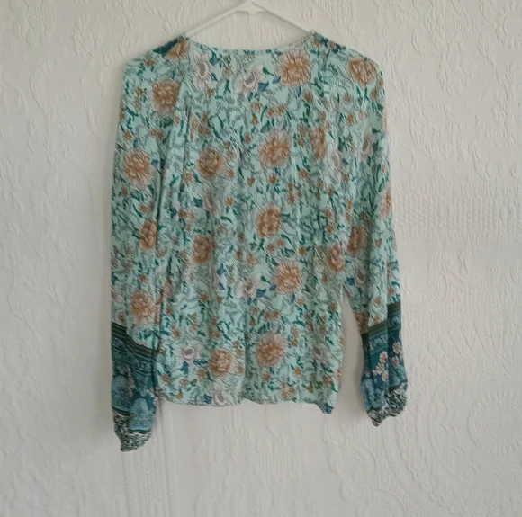 To My Lovers Teal Boho Western Blouse Turquoise Paisley Flowy Hippie Lace Up SM - Picture 7 of 8